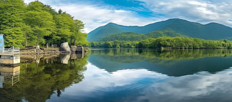 蓝天白云湖泊岸边巨石远处山脉自然风景背景,高清,摄影图,摄影图片,图片大全,摄影图免费下载